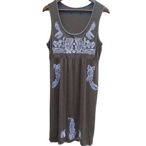 Brown Sleeveless Dress with White Embroidery Medium